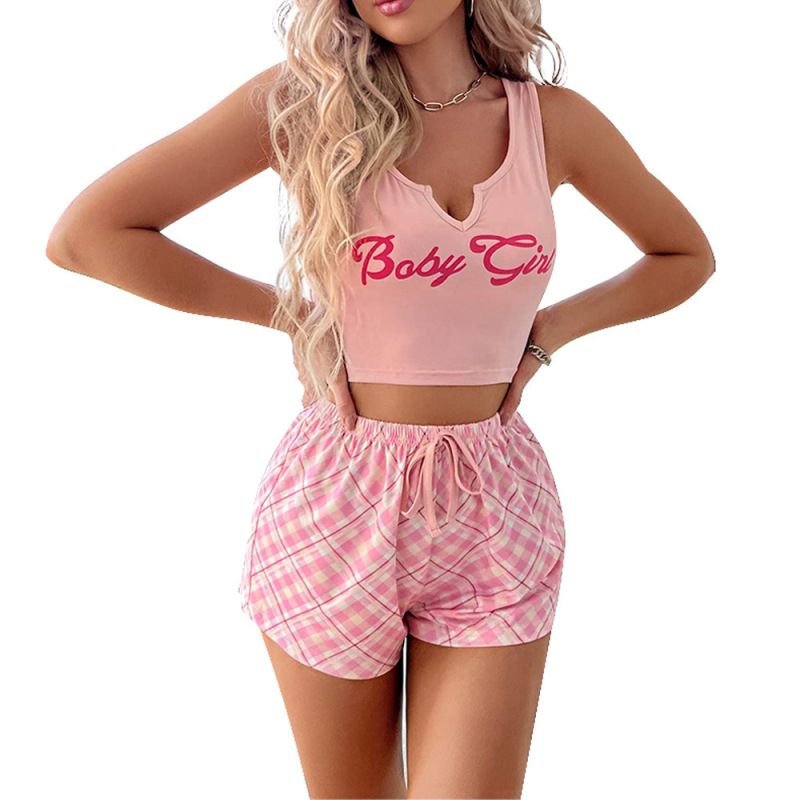 Valentine Day Women Fashion Letter Print Vest Plaid Shorts Home Pajamas Set