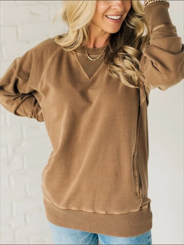 Autumn Winter Women Fashion Loose Solid Color Round Neck Long Sleeve Sweatshirt