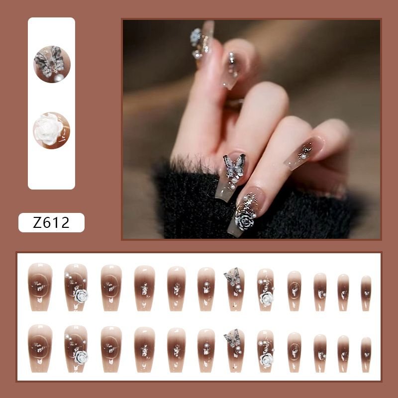 Dark Color Gothic White Medium Ballet Armor Crystal Butterfly Camellia Press On Nails