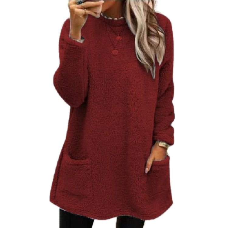 Autumn Winter Women Loose Solid Color Plush Long Sleeve Sweatshirt