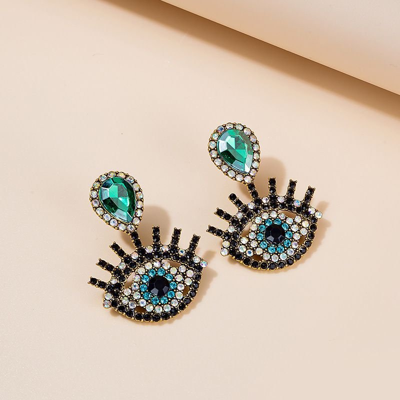 Women Retro Ethnic Moon Devil Eye Crystal Pendant Earrings