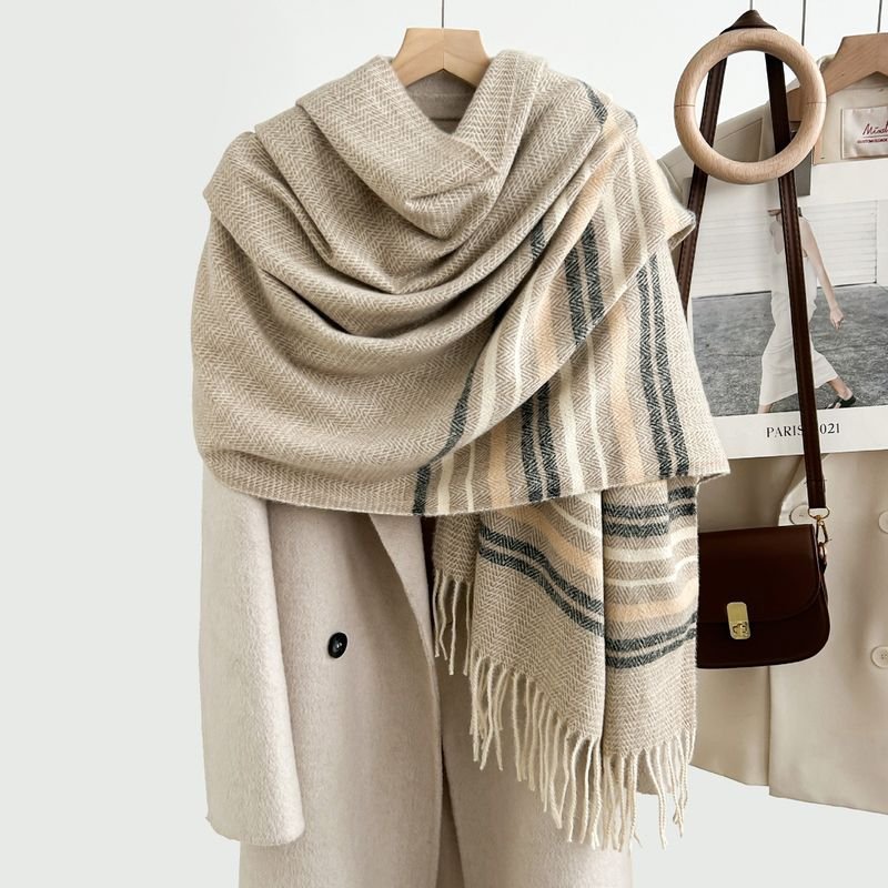 Autumn Winter Women Fashion Thickened Warm Tassel Stripe Cashmere Scarf