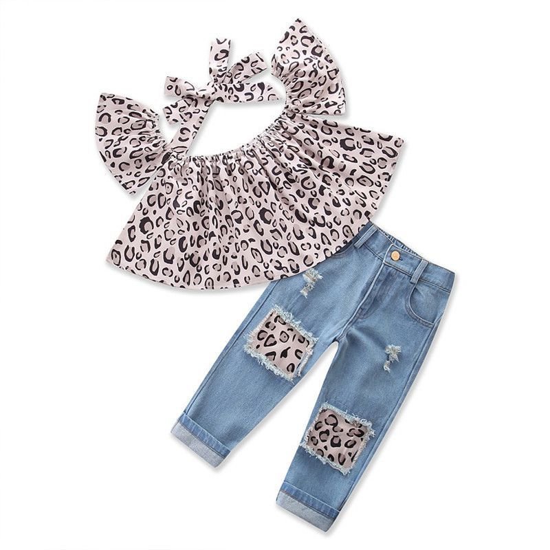 3 Piece Set Fashion Girl Leopard Print Off-shoulder Tops And Patchwork Jeans With Headband