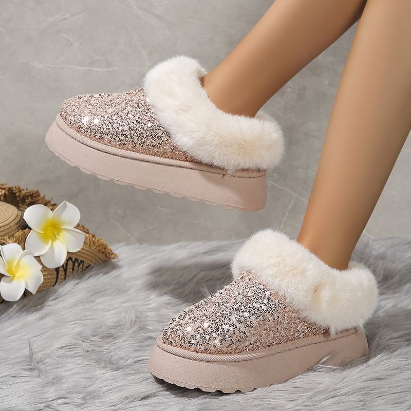 Autumn Winter Women Fashion Plus Size Plush Warm Sequins Thick-Soled Snow Boots