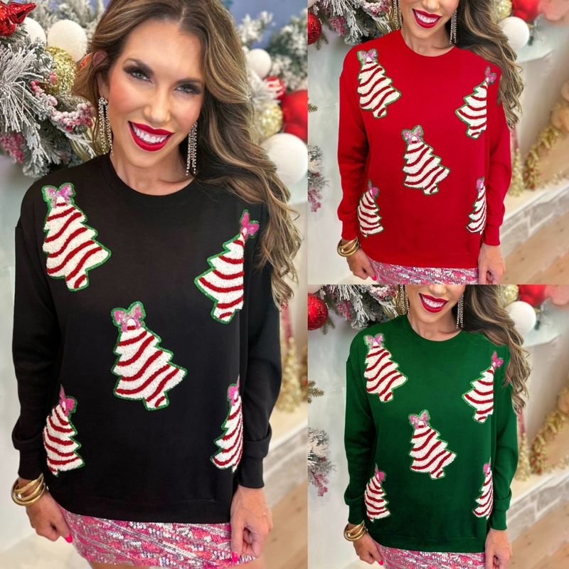 Women Fashion Christmas Tree Decorative Sequin Round Neck Long Sleeve Sweatshirt