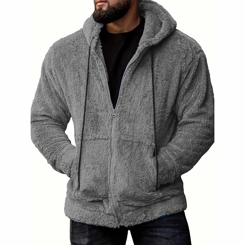 Men Autumn Winter Fashion Casual Solid Color Plush Long Sleeve Hooded Coat