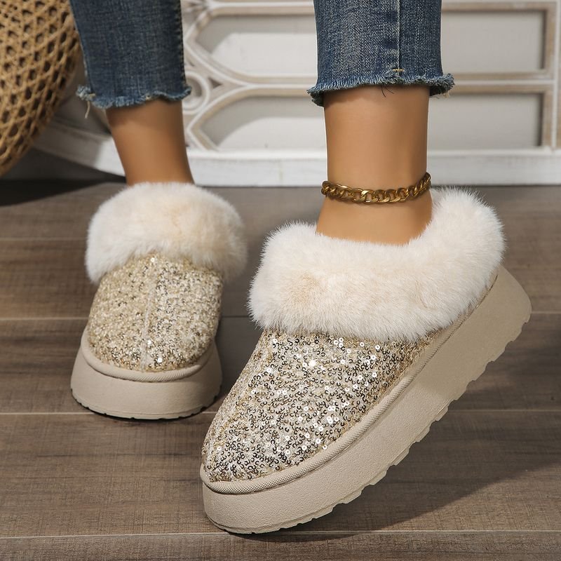 Autumn Winter Women Fashion Plus Size Plush Warm Sequins Thick-Soled Snow Boots