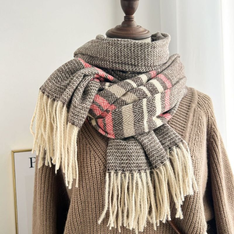 Autumn Winter Women Fashion Thickened Warm Tassel Stripe Cashmere Scarf