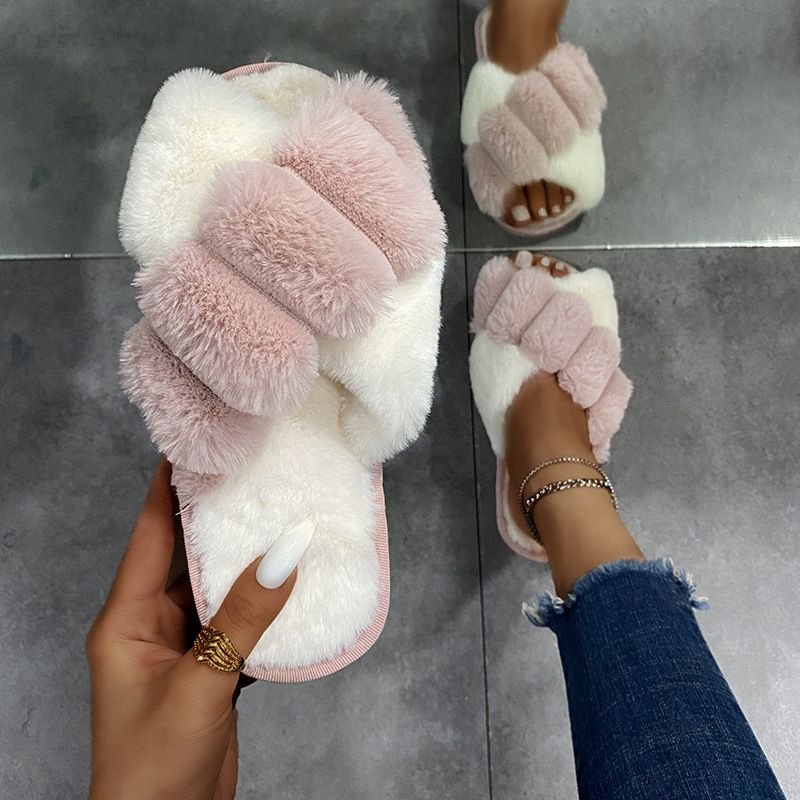 Autumn Winter Women Fashion Plus Size Cross Plush Warm Home Slippers