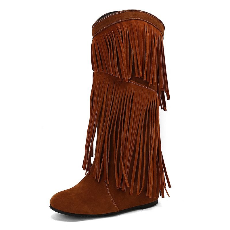 Autumn Winter Women Fashion Vintage Tassel Flat High Boots