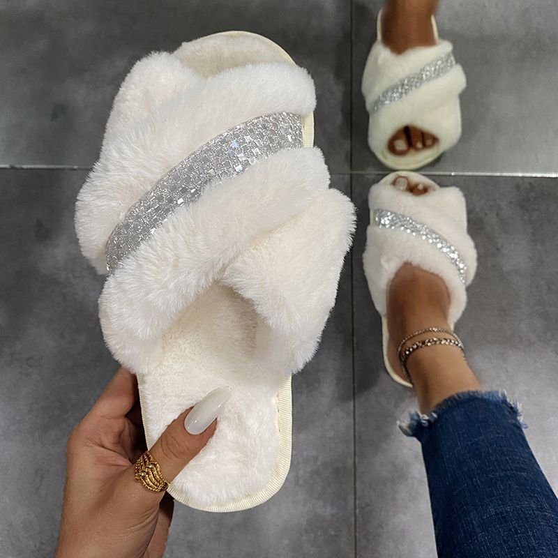 Autumn Winter Women Fashion Plus Size Cross Plush Warm Rhinestone Home Slippers