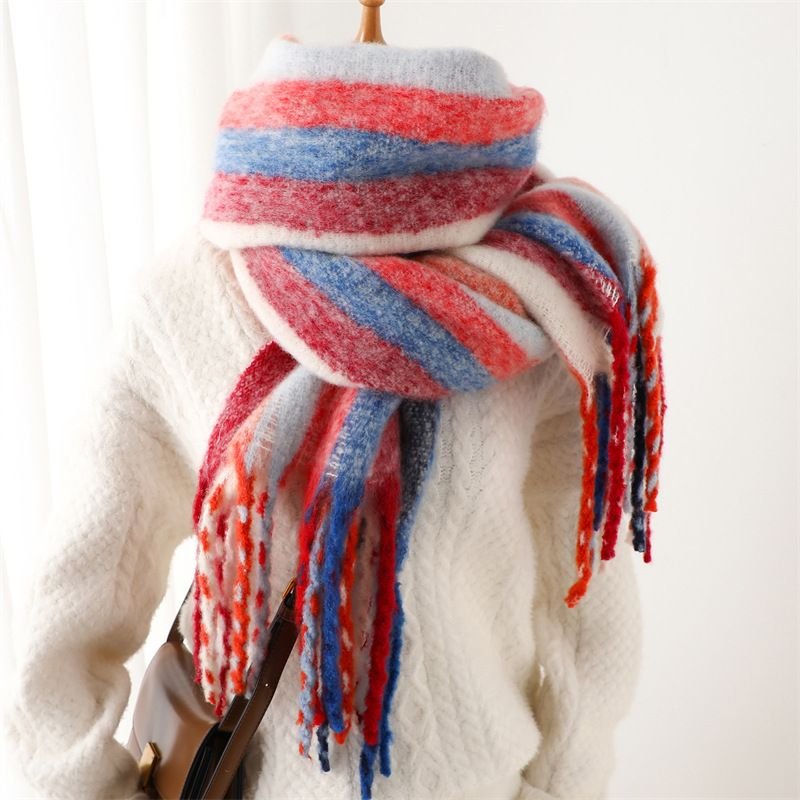 Autumn Winter Women Fashion Rainbow Stripe Cashmere Thickened Warm Scarf