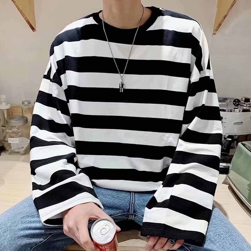 Men Fashion Casual Stripe Print Loose Long Sleeve Round Neck T-Shirt