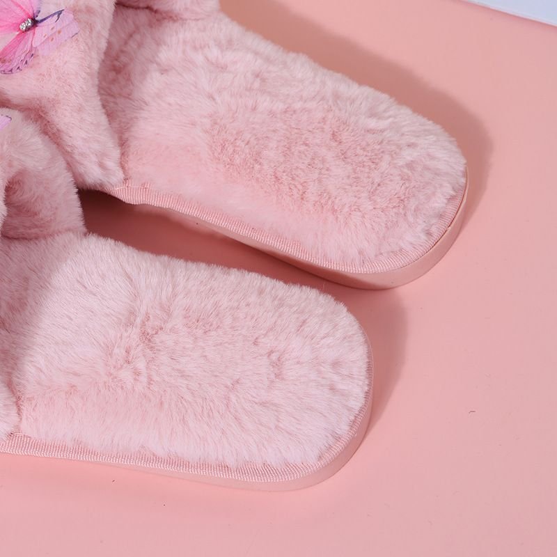 Autumn Winter Women Fashionable Plus Size Warm Plush Solid Butterfly Decorative Flat Home Slippers