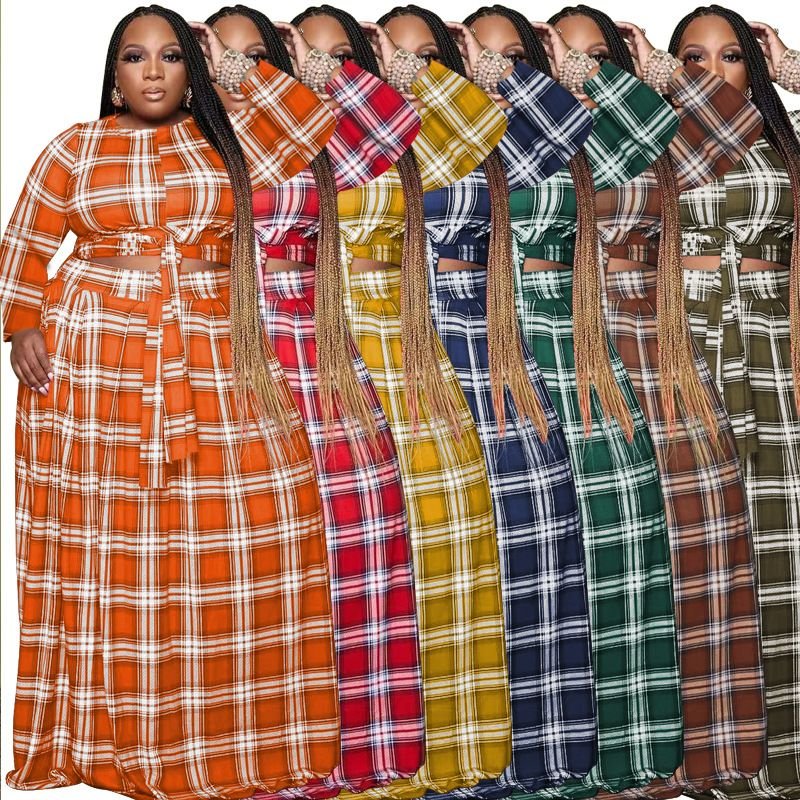 Women Fashion Casual Plus Size Plaid Print Lace-Up Long Sleeve Top Loose Skirt Two-Piece Set