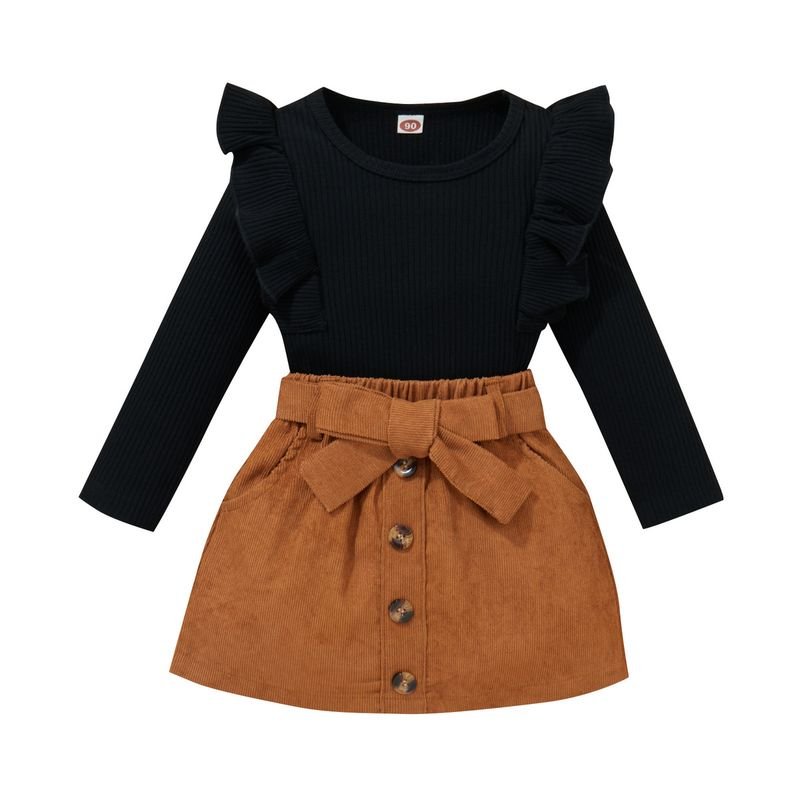 Kids Toddler Girls Spring Autumn Casual Cute Solid Color Rib-Knit Long Sleeve Top Skirt Sets