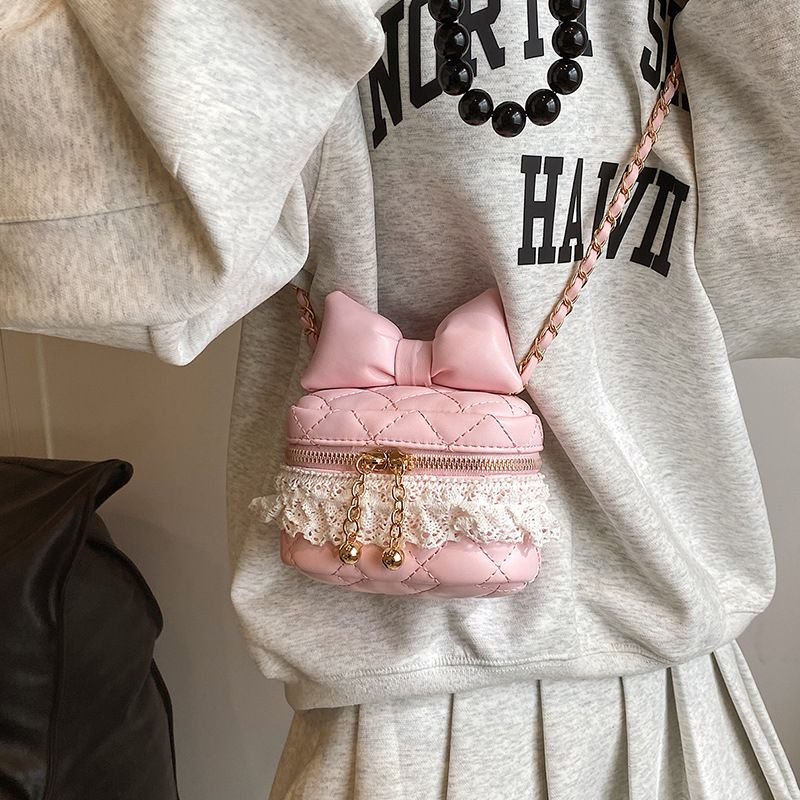 Kids Girls Casual Cute Bow Lace Chain Quilted Crossbody Bag