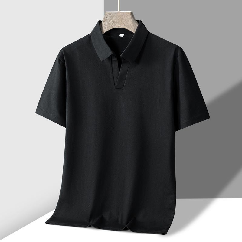 Men Business Solid Color Cotton V-Neck Polo Shirt Summer Lapel Short-Sleeved Top Custom