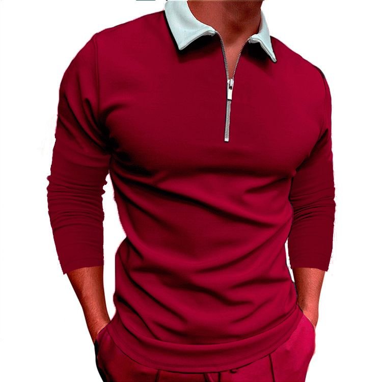 Men Fashion Casual Color Matching Long Sleeve Half Zipper Lapel POLO Shirt