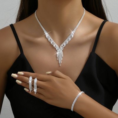 Women Fashion Rhinestone Tassel Jewelry Set