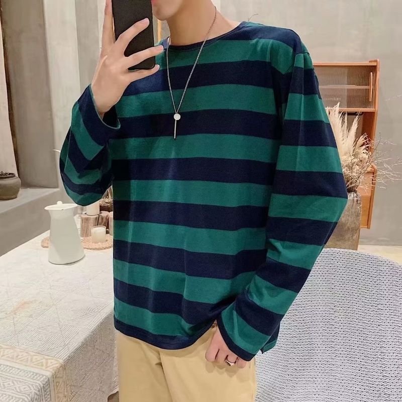 Men Fashion Casual Stripe Print Loose Long Sleeve Round Neck T-Shirt