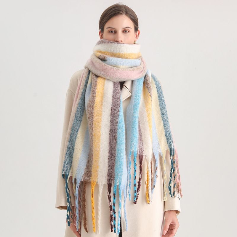 Autumn Winter Women Fashion Rainbow Stripe Cashmere Thickened Warm Scarf