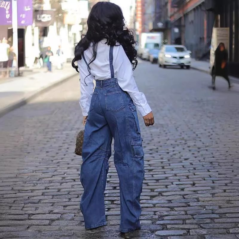 Women Fashion Loose Denim Multi-Pocket Jumpsuit