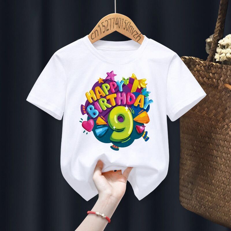 Happy Birthday Kids Basic Round Neck Short Sleeve Letter Figure Pattern Casual T-shirt