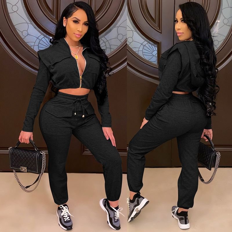 Women Sexy Zipper Slim Hoodie Crop Top Fashion Pants Two-Piece Set