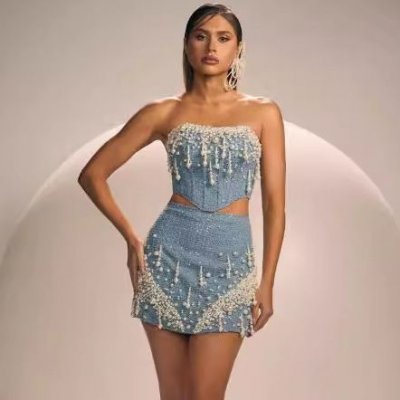 Women Fashion Sexy Pearl Sequin Denim Strapless Vest Skirt Two-Piece Set