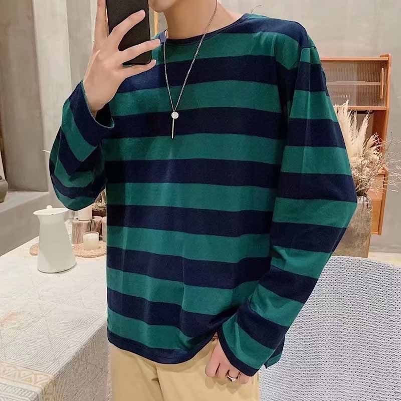 Men Fashion Casual Stripe Print Loose Long Sleeve Round Neck T-Shirt