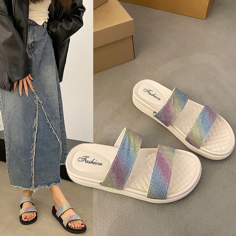 Women Fashion Multicolor Rhinestone Flat Slippers