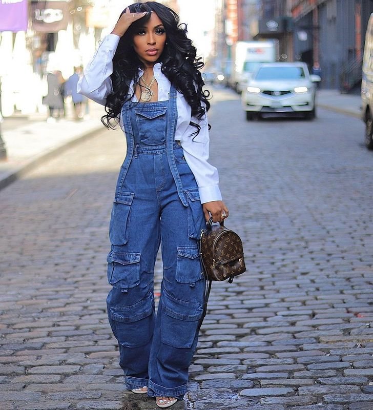 Women Fashion Loose Denim Multi-Pocket Jumpsuit