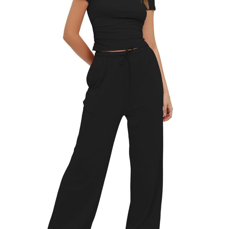 Women Casual Solid Color Short-Sleeved Top High Waist Wide-Leg Trousers Sportswear Set