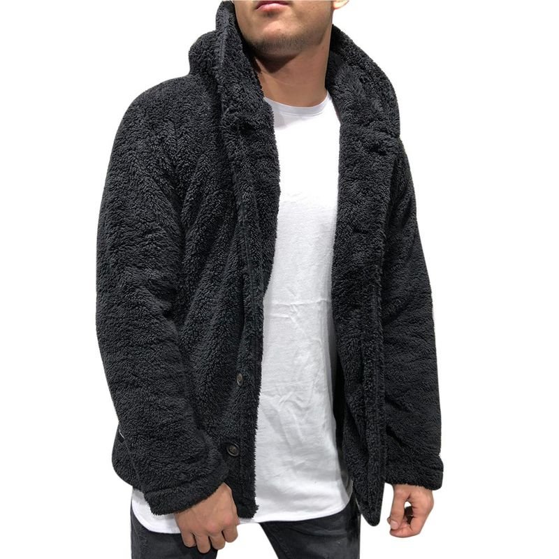 Men Autumn Winter Fashion Casual Solid Color Plush Long Sleeve Hooded Coat