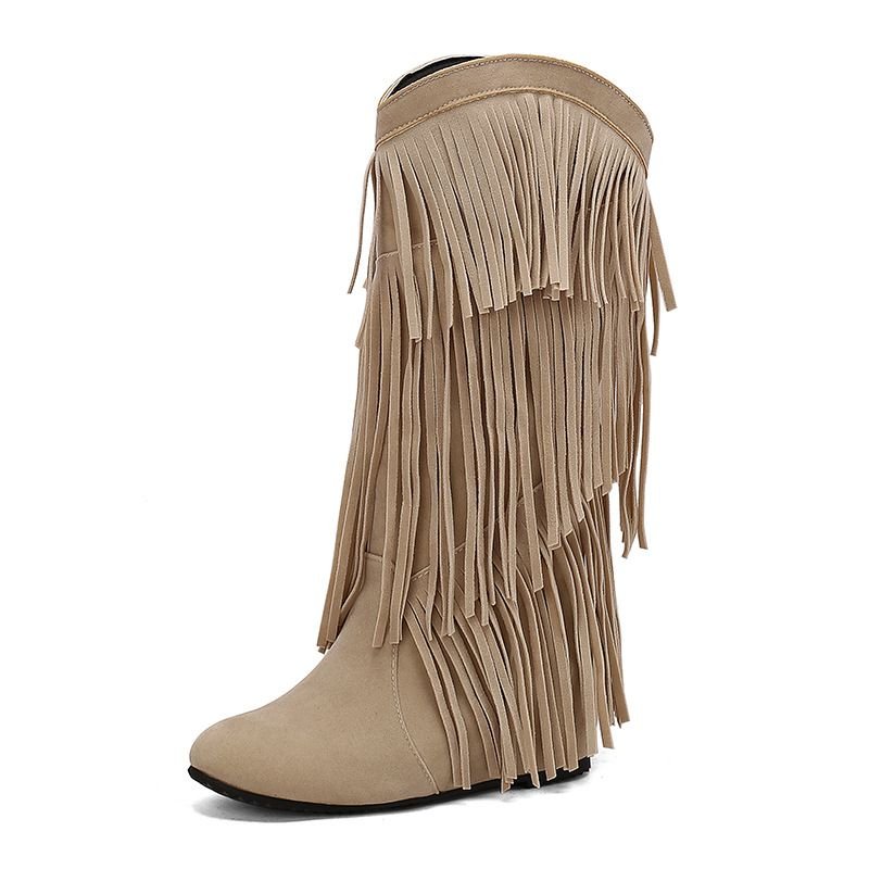 Autumn Winter Women Fashion Vintage Tassel Flat High Boots