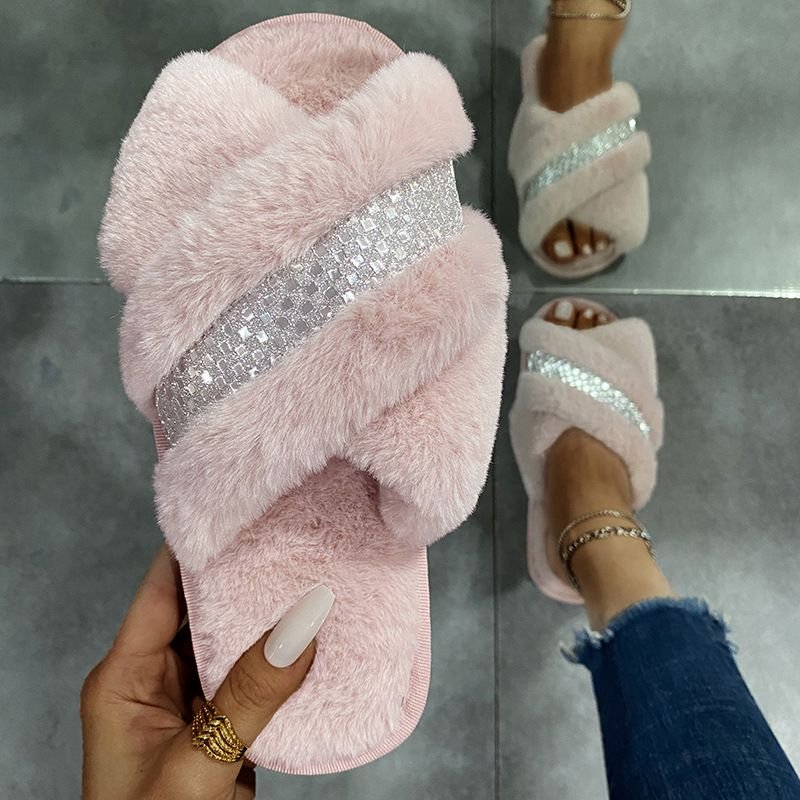 Autumn Winter Women Fashion Plus Size Cross Plush Warm Rhinestone Home Slippers