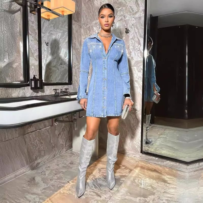 Women Fashion Lapel Defined Waist Long Sleeve Denim Dress