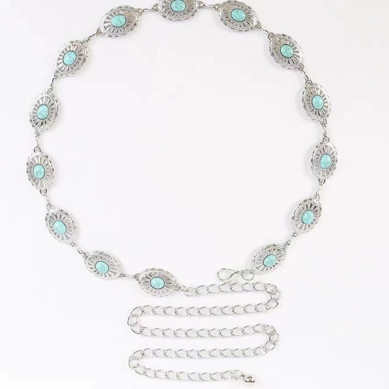 Women Fashion Vintage Metal Inlay Turquoise Waist Chain