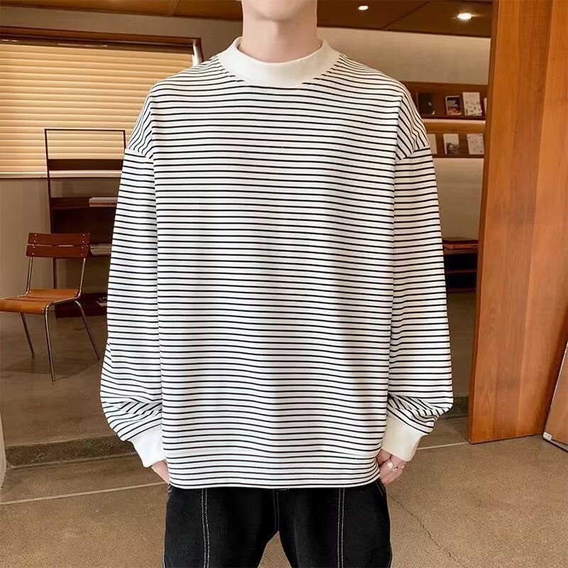 Men Fashion Casual Stripe Print Loose Long Sleeve O Neck T-Shirt