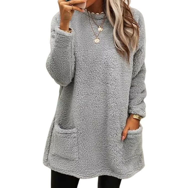 Autumn Winter Women Loose Solid Color Plush Long Sleeve Sweatshirt