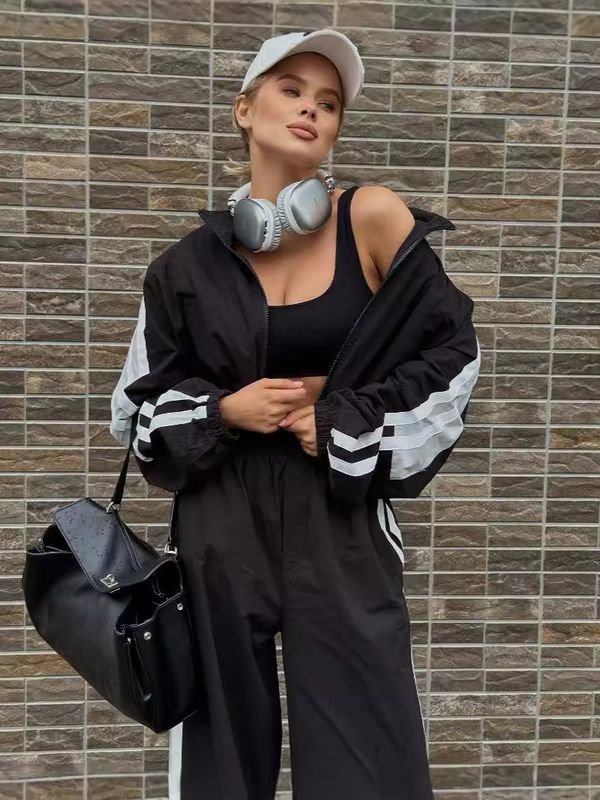 Women Fashion Casual Side Parallel Bars Long Sleeve Zipper Top High Waist Loose Pants Two-Piece Set