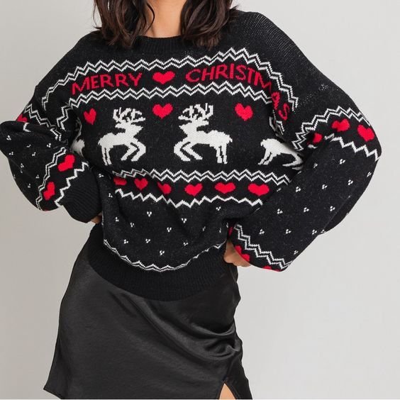 Women Fashion Christmas Elk Crewneck Long Sleeve Knitted Sweater