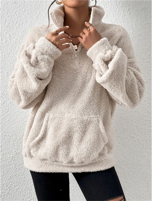 Women Autumn And Winter Casual Solid Color Plush Stand Collar Pocket Sweatshirt