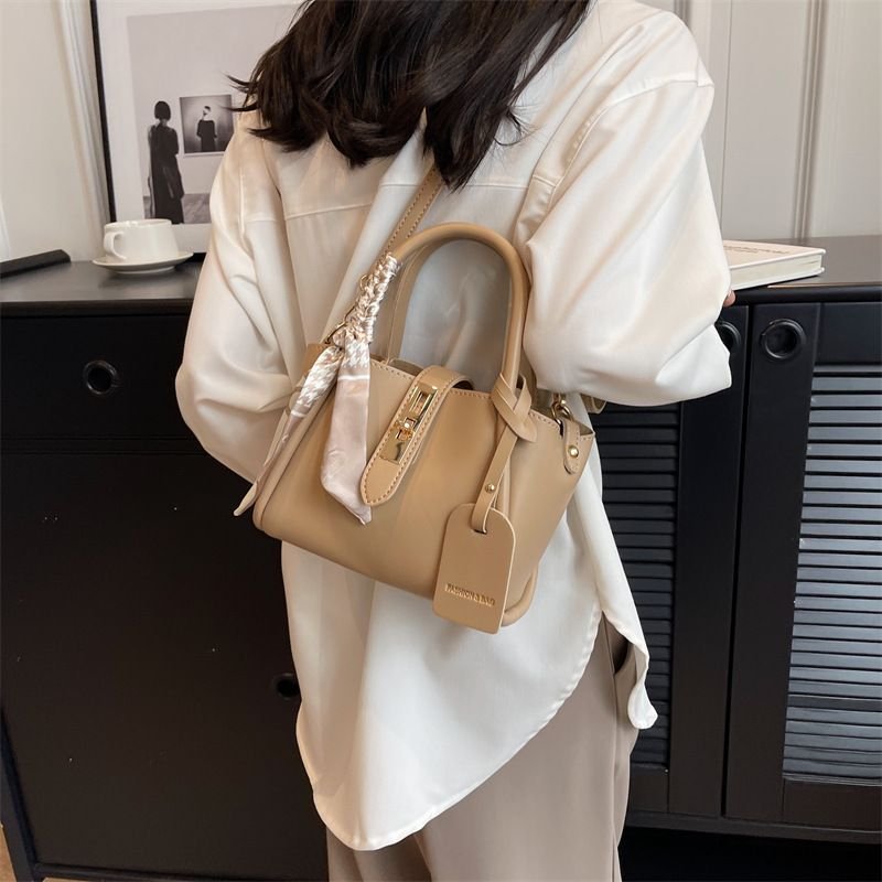 Women Fashion Simple Silk Scarf Decorative Handle Shoulder Bucket Bag