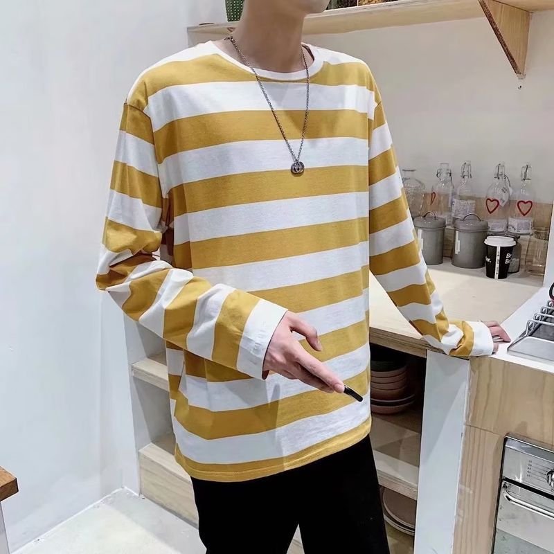 Men Fashion Casual Stripe Print Loose Long Sleeve Round Neck T-Shirt