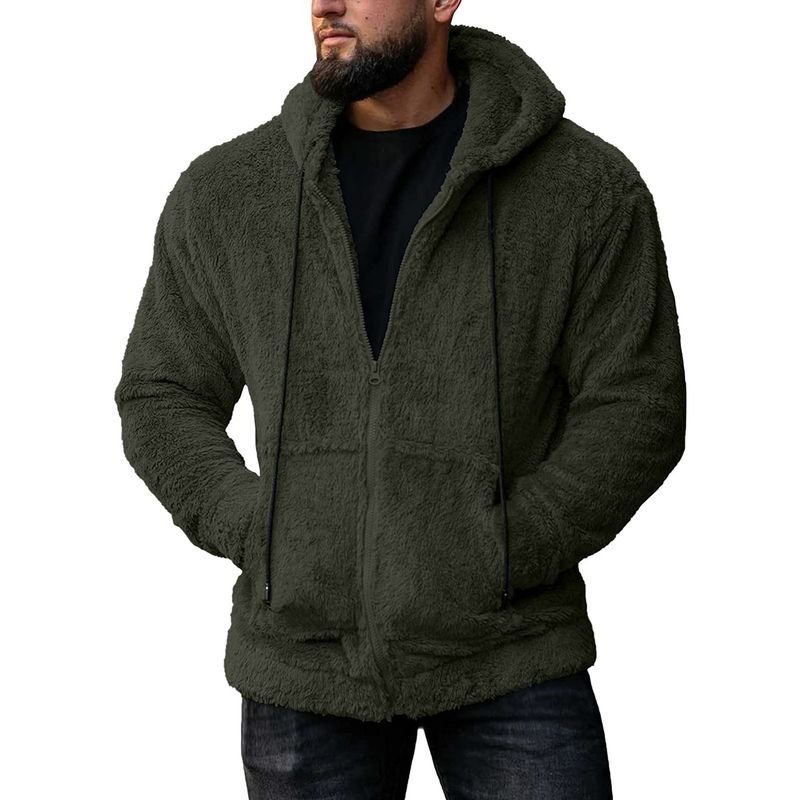 Men Autumn Winter Fashion Casual Solid Color Plush Long Sleeve Hooded Coat