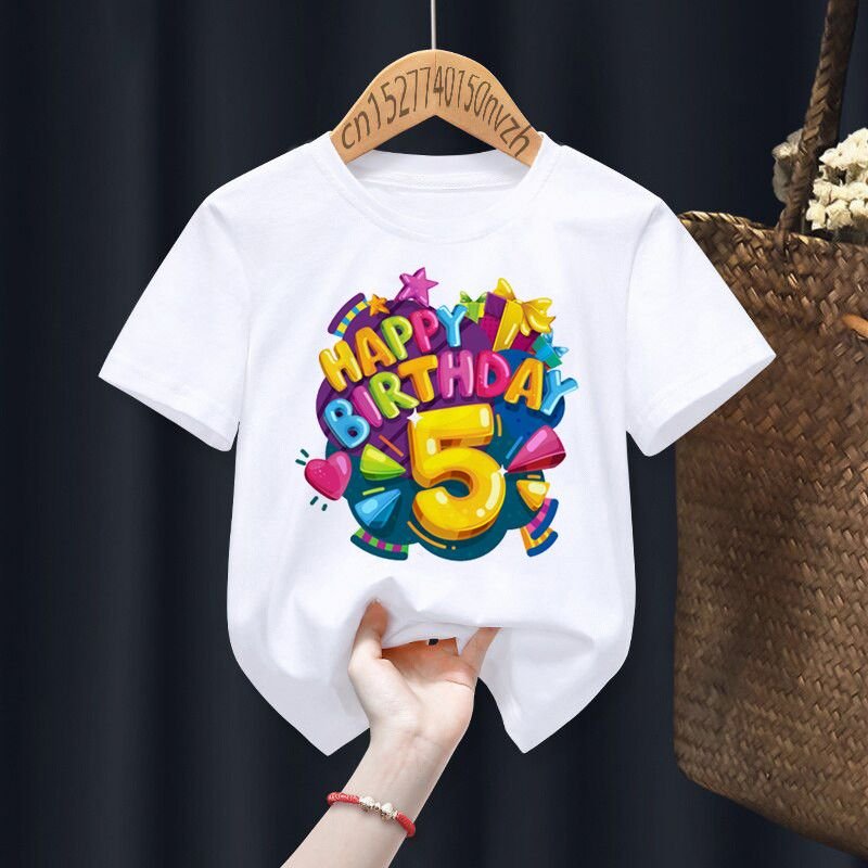 Happy Birthday Kids Basic Round Neck Short Sleeve Letter Figure Pattern Casual T-shirt