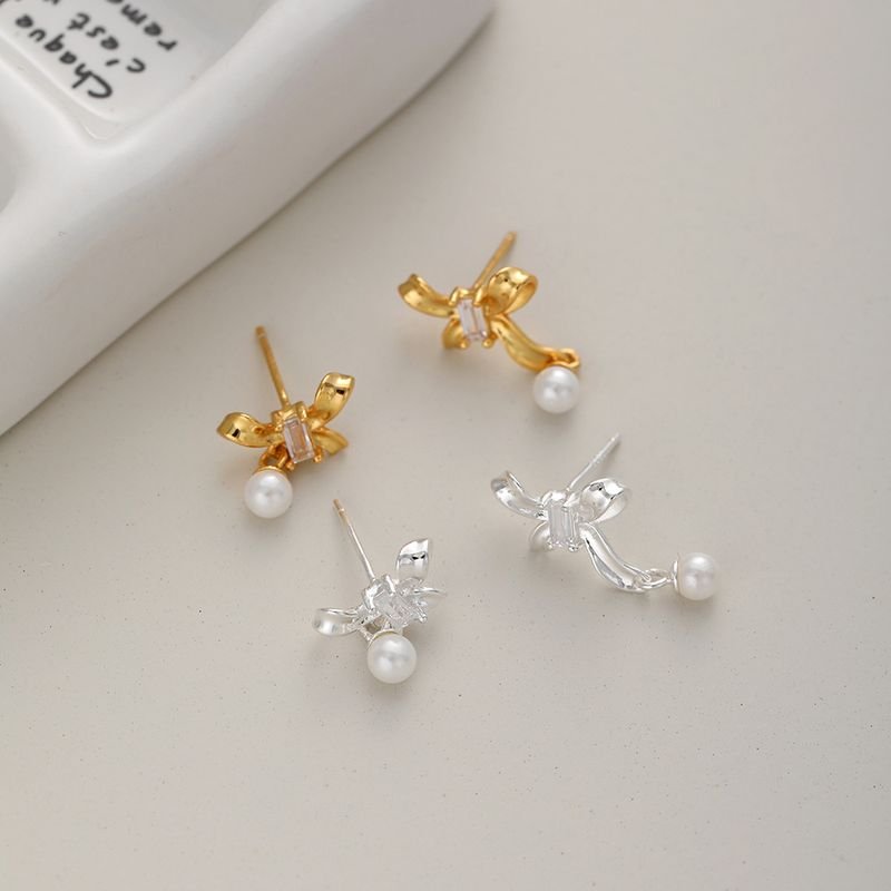 Women Simple Fashion Sterling Silver Bow Pearl Earrings