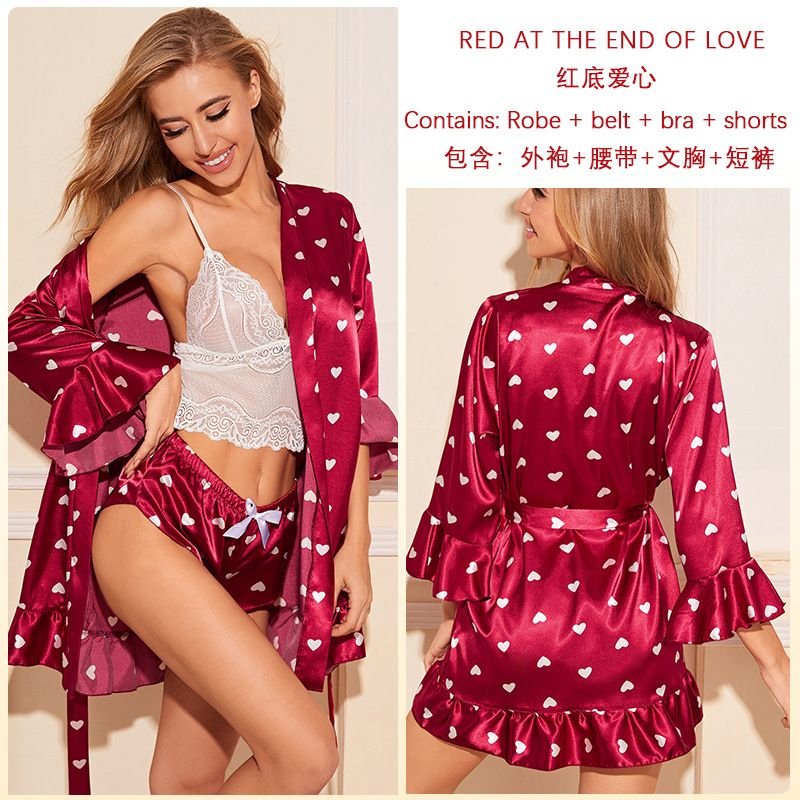 Summer Women Fashion Sexy Silk Stripe Heart-Shaped Printed Home Pajamas Set